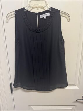 Kasper Black Pleated Ruffled Neck Shell Top